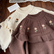 韩版洋气宝宝女童时尚冬款宝宝花朵刺绣荷叶边套头针织毛衣打底衫