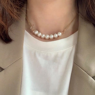 甲状腺术后遮疤痕珍珠女锁骨短款项链，镀14k金简约(金简约)时尚送礼物饰品