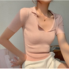 polo领粉色针织短袖t恤女夏装修身显瘦设计感小众短款上衣