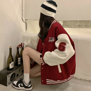 酒红色棒球服少女，春秋2024初，中高中学生美式复古休闲薄款外套