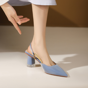 法式包头凉鞋女2024年夏季气质配裙高跟鞋，粗跟多巴胺蓝色女鞋