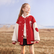 女童外套春装2023洋气女孩大童棒球服童装衣服儿童红色春秋款