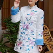 中式棉衣女装冬季中长款民族风刺绣宽松斜襟套头显瘦棉服棉袄上衣