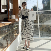 韩国东大门法式荷叶边层次感，蛋糕裙收腰显瘦中长款波点圆领连衣裙