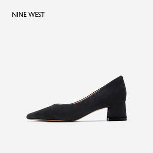 Nine West/玖熙法式尖头粗跟单鞋女气质春夏羊反绒通勤高跟鞋