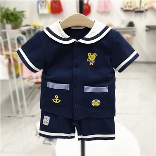 日本miki童装24夏季男女童海军风短袖休闲短裤薄款套装洋气棉