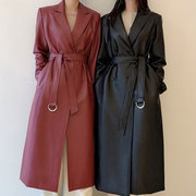 韩国chic秋季复古西装领单排扣系带收腰过膝长款PU皮风衣外套女