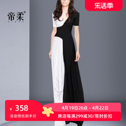 夏装2024女黑白拼色时尚V领连衣裙气质显瘦正式场合礼服长裙