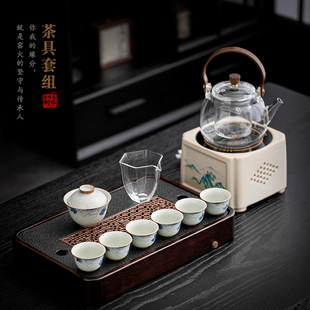 手绘青花茶具套装家用高档轻奢陶瓷茶壶茶杯排蓄双用茶盘功夫茶具