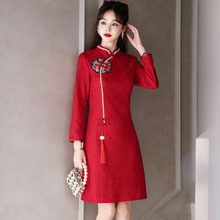 日常改良红色蕾丝旗袍2022年秋季复古民国风气质敬酒服连衣裙