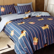 蓝色条纹男款全棉纯棉，四件套卡通床单被套简约宿舍床上三件套家纺