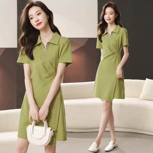 衬衫式t恤小众设计休闲高腰，短袖高个子(高个子)绿色微胖女生夏天季连衣裙