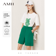 Amii2023年夏小熊印花字母绣花撞色两件套T恤休闲五分裤套装