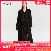 amii2024春休闲荡领不规则门襟，长款外套女雪纺，长袖黑色上衣