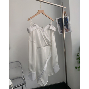 日系白色设计感减龄连衣裙一字并肩长袖吊带中裙时尚休闲洋气E$8