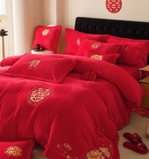 中式大红色双面牛奶绒婚庆四件套冬季加厚珊瑚绒结婚被套床上用品