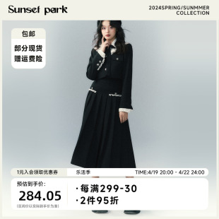 SunsetPark日落公园 海军领蕾丝小香风千金套装黑色西装+百褶裙