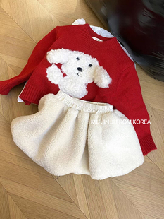 儿童新年红色毛衣，2023洋气中国红毛绒小狗，套头毛衣年款红色针织衫