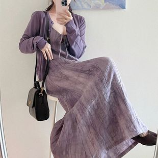 新中式水墨画紫色吊带，连衣裙外搭罩衫温，柔风气质法式长裙秋季