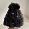 针织帽狐狸球女士冬季滑雪帽网纱五角星手工立体感高级感毛线帽