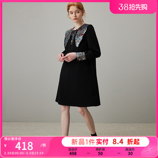 dfvc黑色新中式连衣裙女春季2024刺绣娃娃领宫廷袖小个子裙子