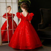 定制红色儿童礼服公主裙，高端女童钢琴，演出服洋气模特生日长袖秋冬