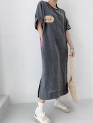 韩国chic裙子字母印花连衣裙夏季大码胖MM宽松慵懒风短袖T恤长裙