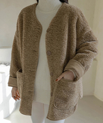 韩国大(韩国大)码女装，2023冬装时尚圆领拉链，羊羔绒气质外套特16