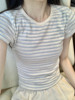 brandybm女夏季蓝白条纹，短袖t恤女减龄chic甜辣纯棉紧身短款上衣