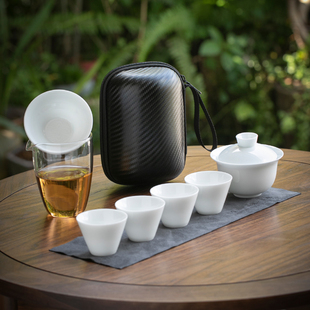 德化白瓷旅行茶具套装，简约一碗四杯户外盖碗便携式快客杯logo定制