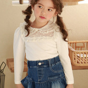 春款韩版女童洋气蕾丝翻领打底衫，宝宝花边娃娃领长袖，t恤纯棉上衣
