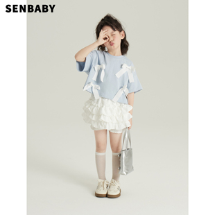 senbaby女童t恤夏装女宝宝，短袖半裙套装儿童，蝴蝶结上衣+蛋糕裙裤