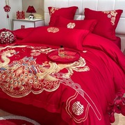 中式龙凤刺绣婚庆四件套，大红色床单被套纯棉，全棉高档结婚床上用品