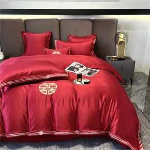 新简约中式100支结婚四件套大红色床单被套高档新婚庆床上用品促