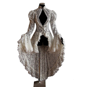 蒸汽纯色中世纪复古蕾丝拼接立领连衣裙喇叭袖修身透视燕尾裙