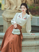 新中式国风日常法式复古赫本高腰系带大摆长裙女半身裙衬衫秋