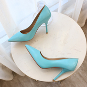 欧美糖果色蓝绿色羊皮高跟鞋基本款，尖头细跟真皮，单鞋浅口鞋时尚鞋