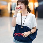 蝙蝠衫体恤夏季跨境韩版女装，圆领短袖t恤女学生打底宽松拼色上衣