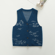 秋季男童羊绒衫背心开衫，儿童毛衣马甲宝宝羊毛衫，中小童深蓝色v领