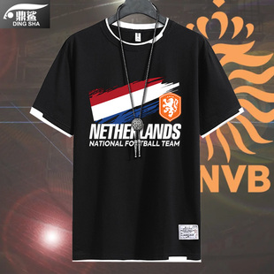 荷兰国家队橙衣军团欧国联足球迷，队服假两件短袖t恤衫男女半截袖