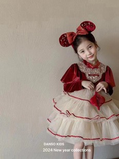 2023秋冬女童新年拜年服圣诞，公主裙大红色喜庆中国风洛丽塔连衣裙