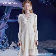 vjcolivia2023秋冬法式蕾丝，连衣裙拼接长袖高腰，长裙女显瘦气质