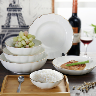 锦牌骨瓷碗盘子金边深盘菜盘，家用炒菜盘子，高级感欧式碗碟套装餐具