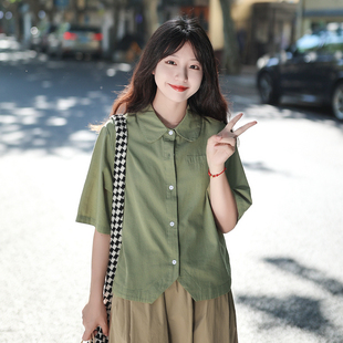 艺野系小个子短款假口袋，绿色短袖衬衫女夏文艺，复古日系宽松上衣