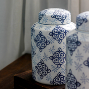 新中式陶瓷储物罐带盖手绘青花瓷摆件客厅玄关，工艺品收纳装饰罐子