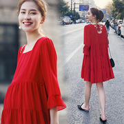 红色孕妇连衣裙夏季方(夏季方)领气质雪纺，裙韩版大码遮肚七分袖哺乳蛋糕裙