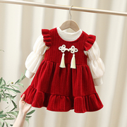 女童两件套连衣裙宝宝红色套装加绒礼服裙麦穗可爱洋气儿童长袖裙