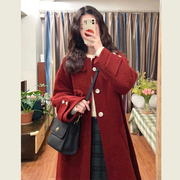 新年圣诞红色毛呢外套女秋冬季新款圈圈呢中长款小个子呢子大衣