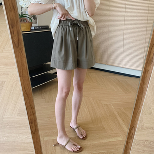 大叮自制定制西装料系带，宽松休闲短裤，女夏季松紧腰高腰百搭阔腿裤