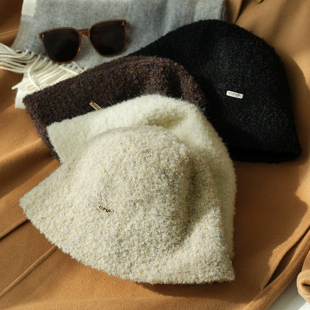 羊羔毛渔夫帽 女士护耳盆帽 20羊毛 素颜遮脸圆顶帽水桶帽子 秋冬